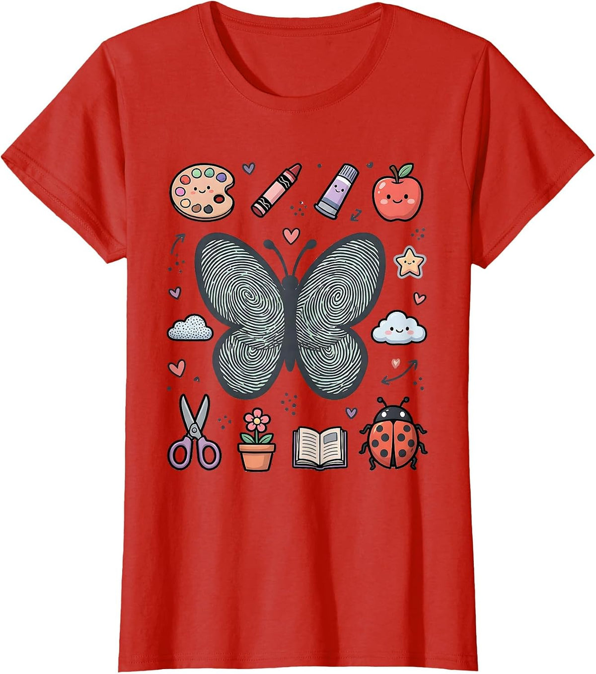 Fingerprint Butterfly Preschool Teacher Gift T-Shirt - Red
