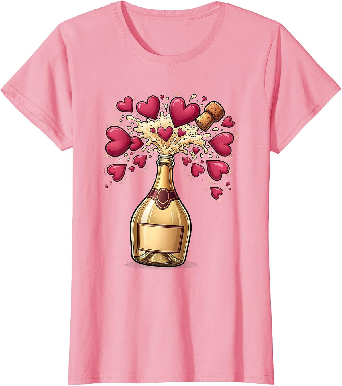 Women's Champagne Popping Hearts Celebration Graphic T-Shirt - Pink