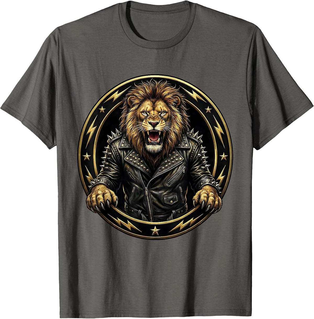 Men's Roaring Lion Studded Leather Jacket Rock Design T-Shirt - Asphalt Grey