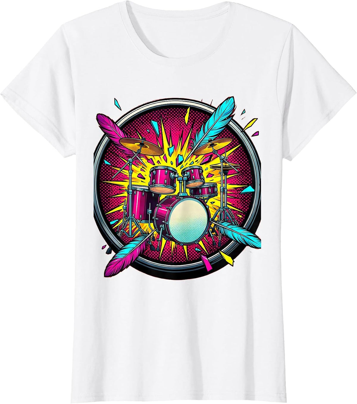 Women's Drum Kit Feather Explosion Music Art Design T-Shirt - White