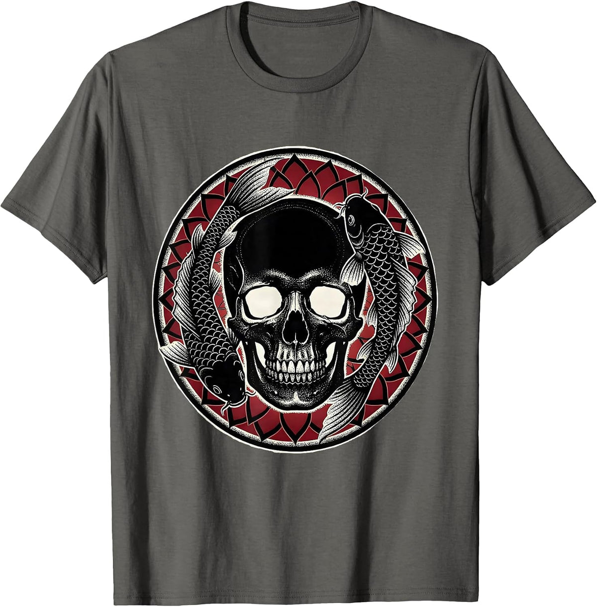 Skull and Koi Fish Graphic Design T-Shirt - Asphalt Grey
