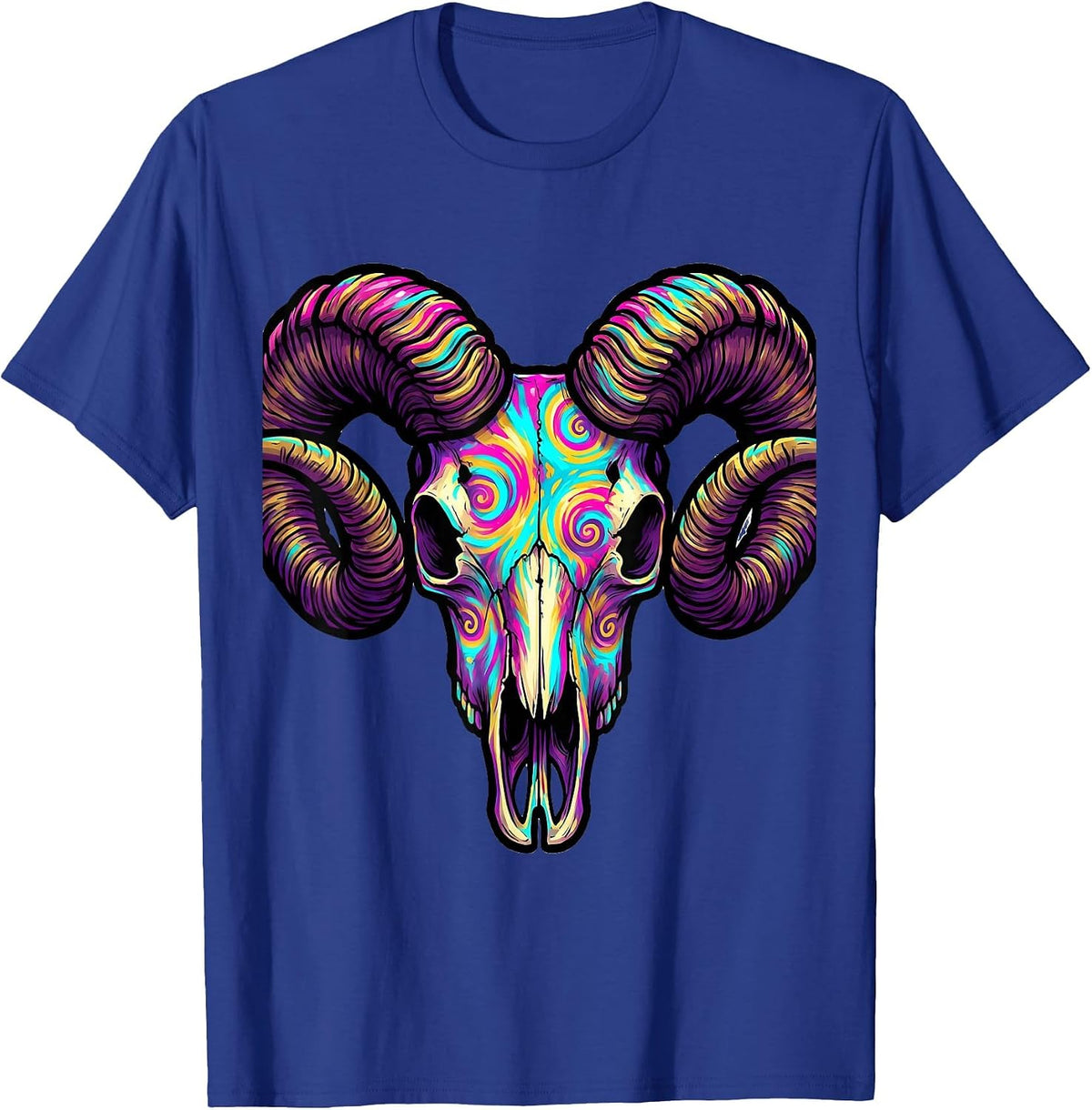 Tie Dye Ram Skull with Curling Horns Design T-Shirt - Royal Blue
