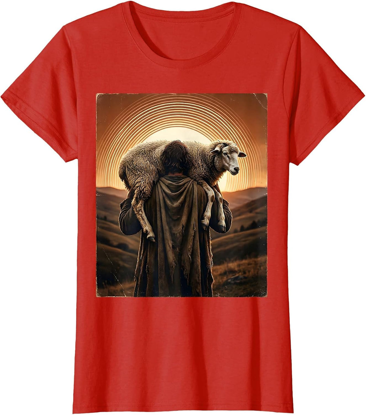 Jesus Loves You Shepherd Carrying Lost Sheep T-Shirt - Red