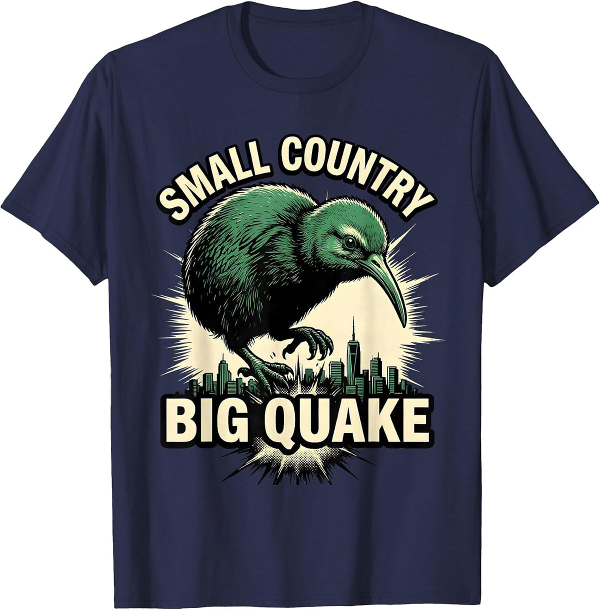 Small Country Big Quake Comic Book Kiwi Bird Rugby Fan T-Shirt - Navy Blue