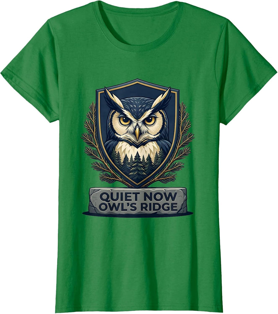 Women's Quiet Now, Owl's Ridge Nature Lover Forest Wildlife Emblem T-Shirt - Kelly Green