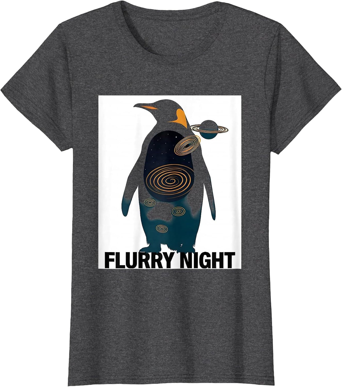 Women's Flurry Night Penguin Van Gogh Animal Lover Art T-Shirt - Dark Heather Grey