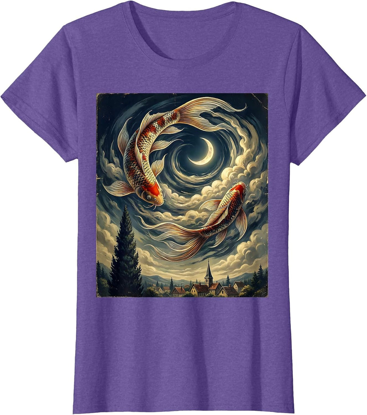 Arched Koi Fish Vintage Van Gogh Starry Night Art Parody T-Shirt - Purple Heather