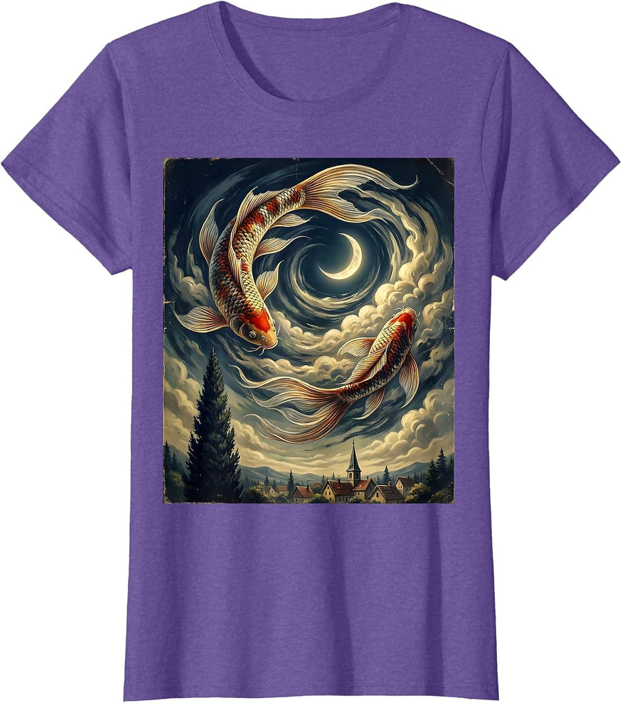 Arched Koi Fish Vintage Van Gogh Starry Night Art Parody T-Shirt - Purple Heather