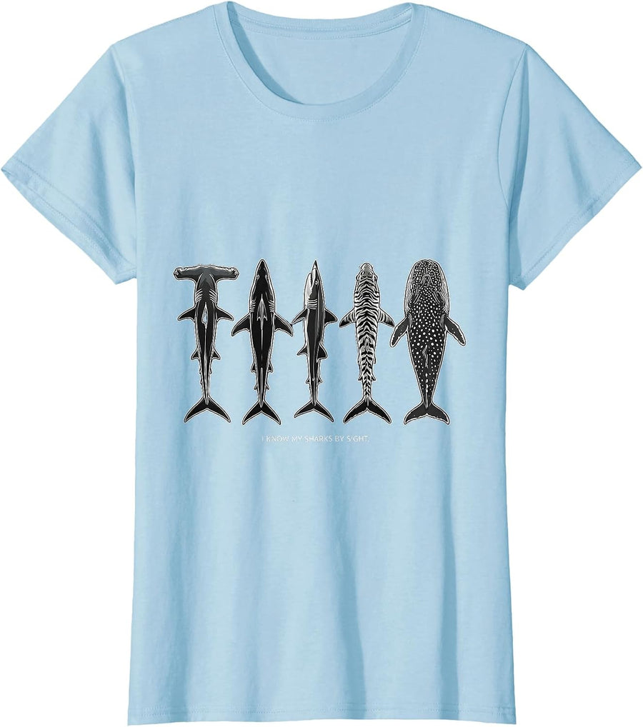 Women's I Know My Sharks By Sight Funny Shark Lover Ocean Wildlife T-Shirt - Baby Blue