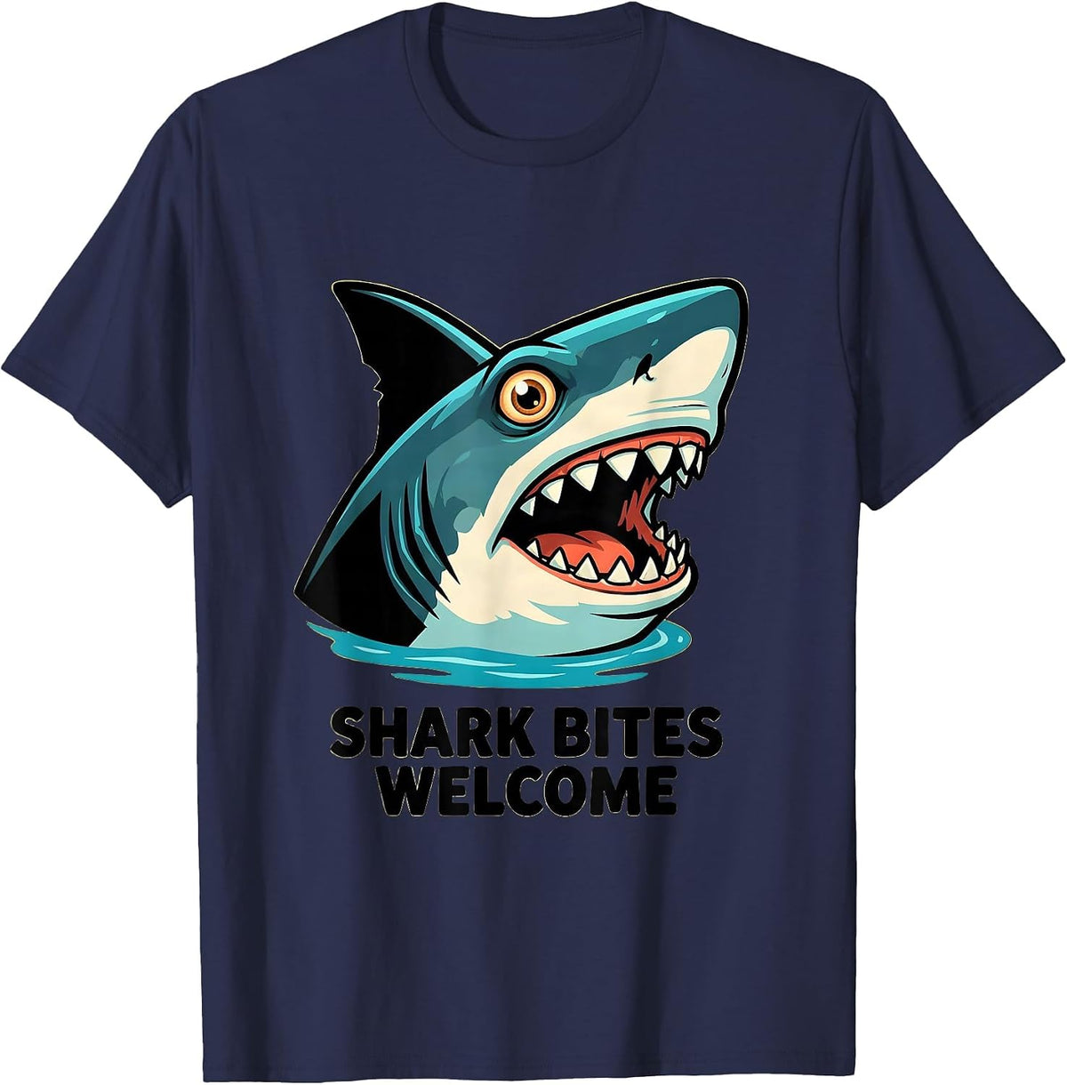 Men's Shark Bites Welcome Funny Shark Lover Ocean Wildlife Humor T-Shirt - Navy Blue