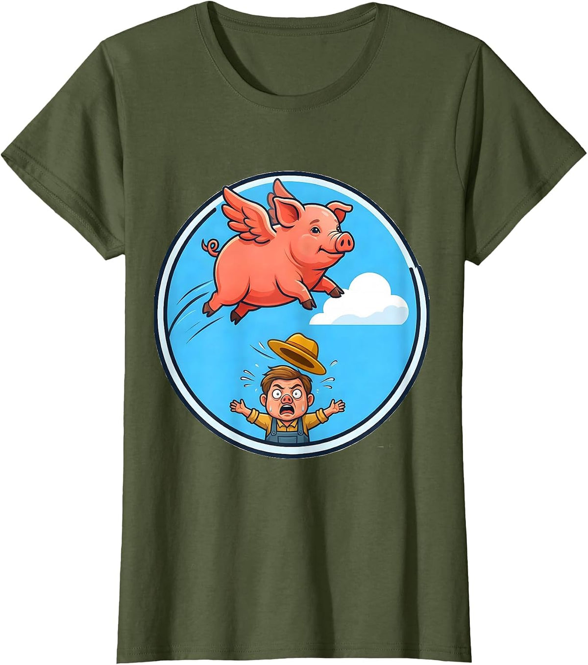 Women's Funny Flying Pig Soaring Past Shocked Farmer T-Shirt - Olive Green