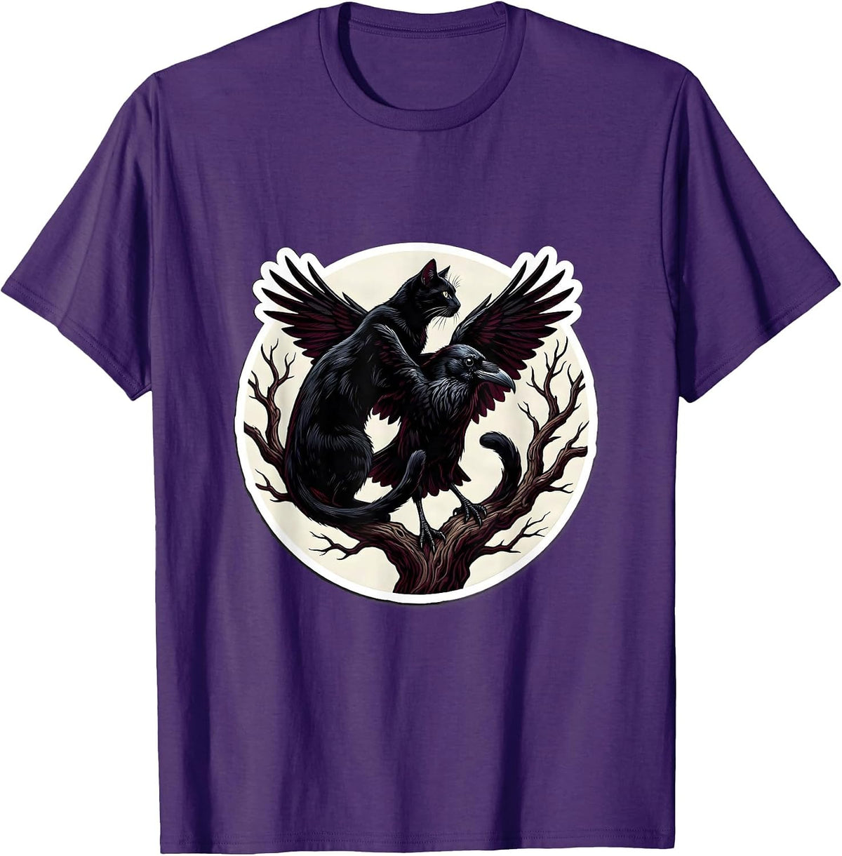 Black Cat and Raven Tangled on Bare Branch T-Shirt - Purple