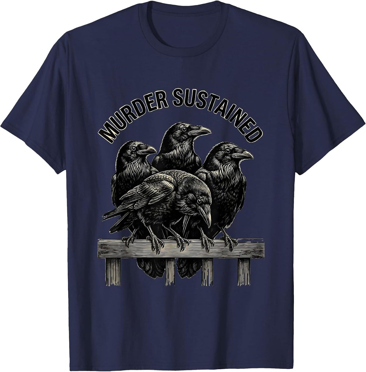 Murder Sustained Dark Humor Crow Raven Gothic Illustration T-Shirt - Navy Blue