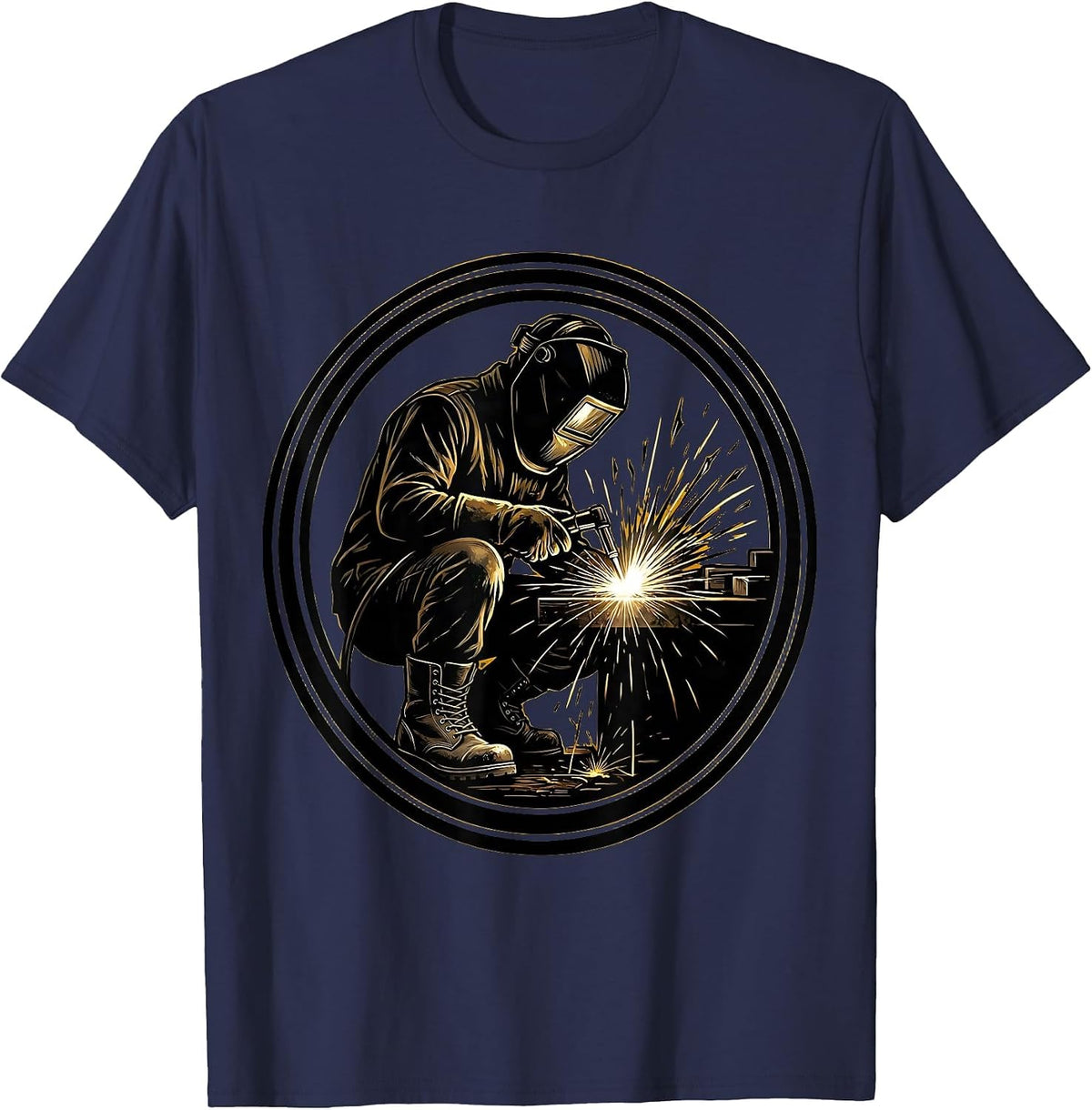 Welder Sparks Steel-Toed Boots Graphic Design T-Shirt - Navy Blue