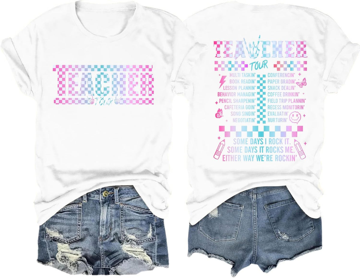 Teacher Shirts for Women Back to School Teaching Life Tee Tops - White