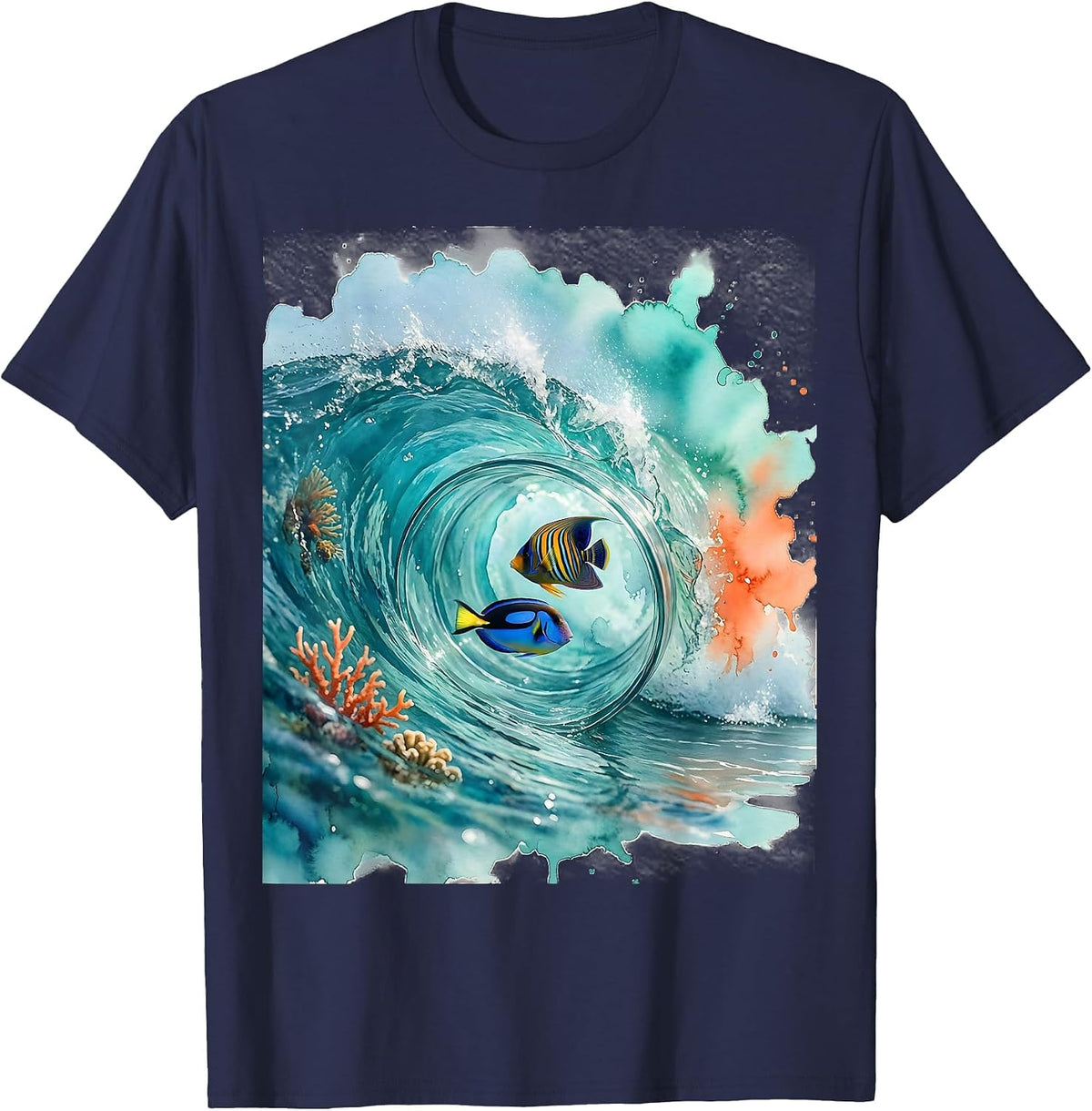 Tropical Fish Wave Curl Aloha Graphic Tee T-Shirt - Navy Blue