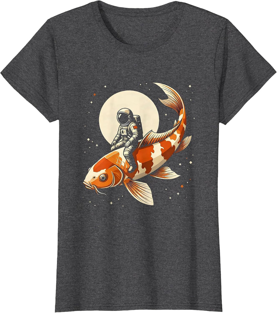 Women's Astronaut Riding Giant Koi Fish Space Art T-Shirt - Dark Heather Grey