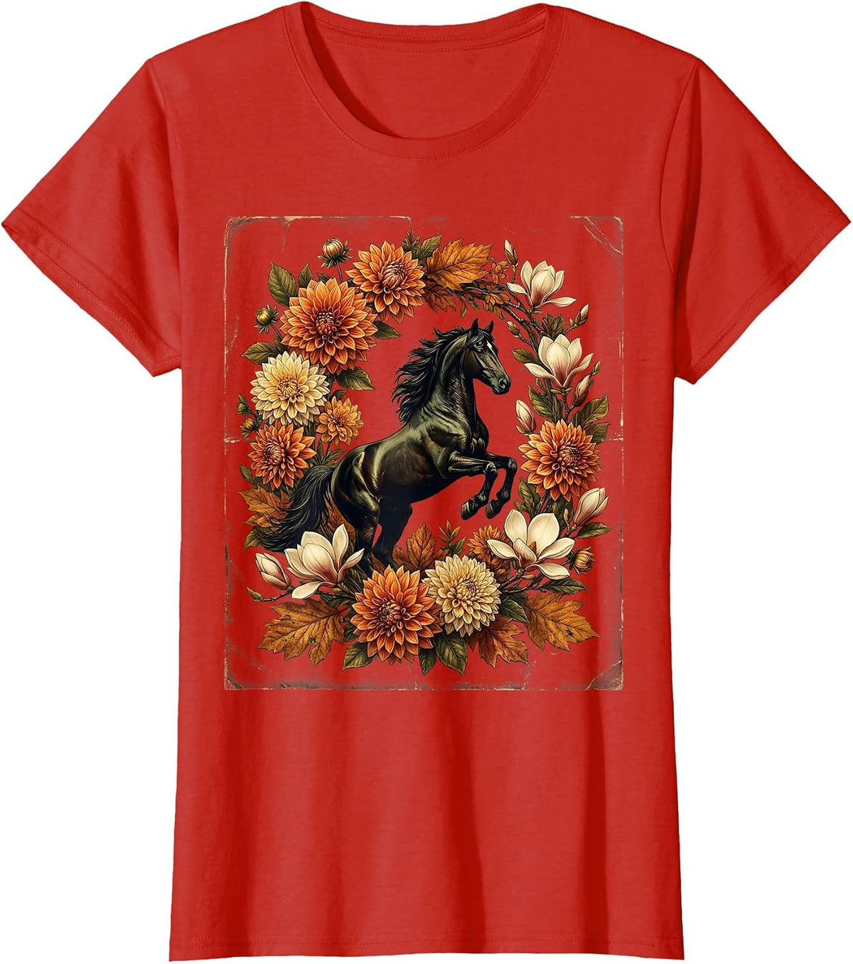 Floral Wreath Horse Silhouette Derby Design T-Shirt - Red