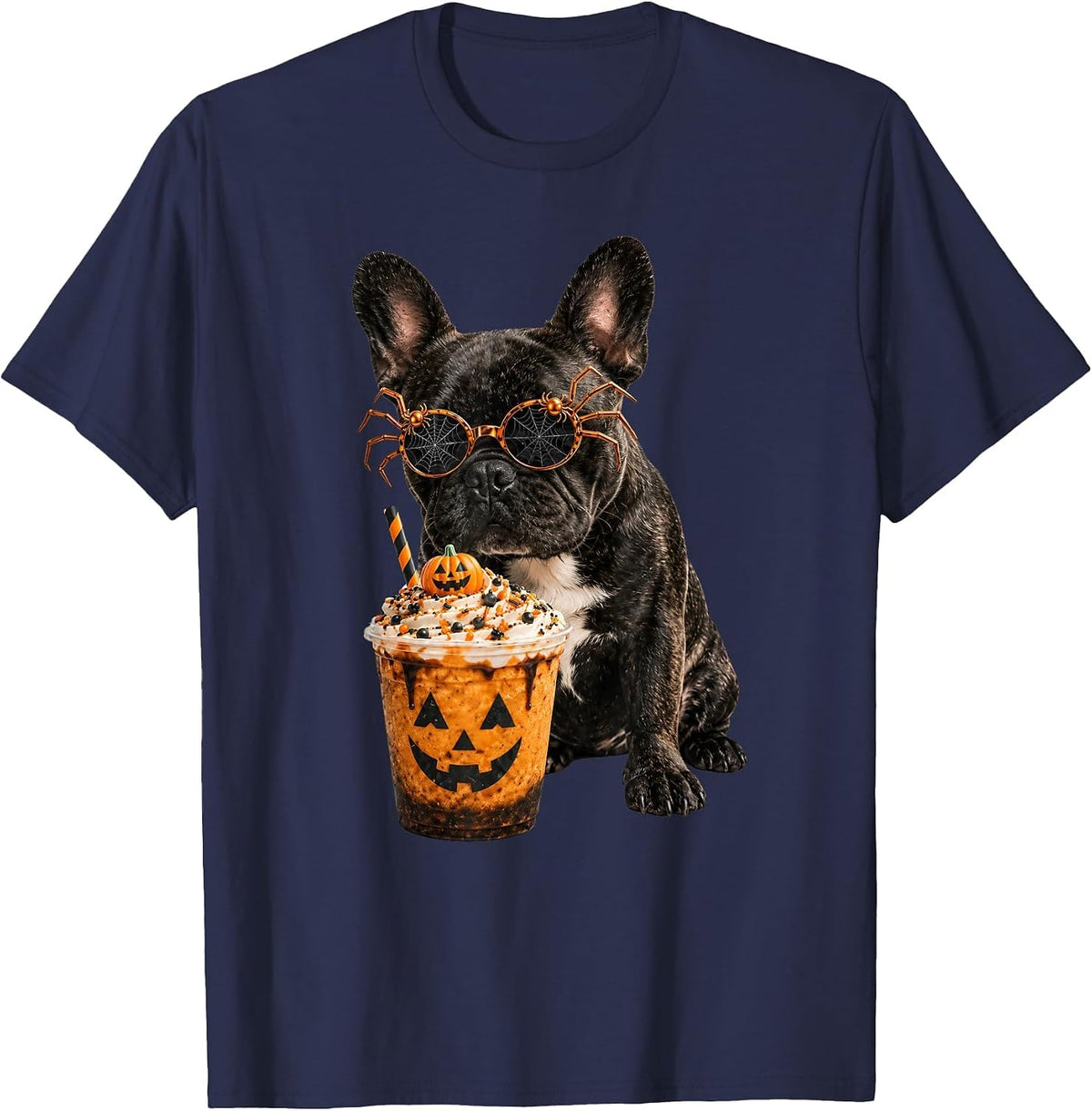Vintage Halloween French Bulldog Drinking Coffee Dog Lover T-Shirt - Navy Blue