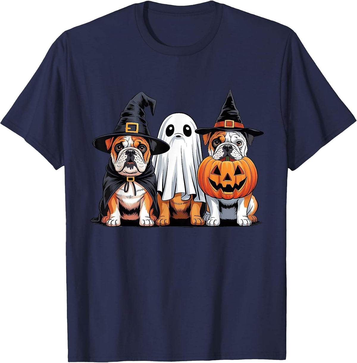 English Bulldog Halloween Funny Dog Lover Pumpkin Witch T-Shirt - Navy Blue