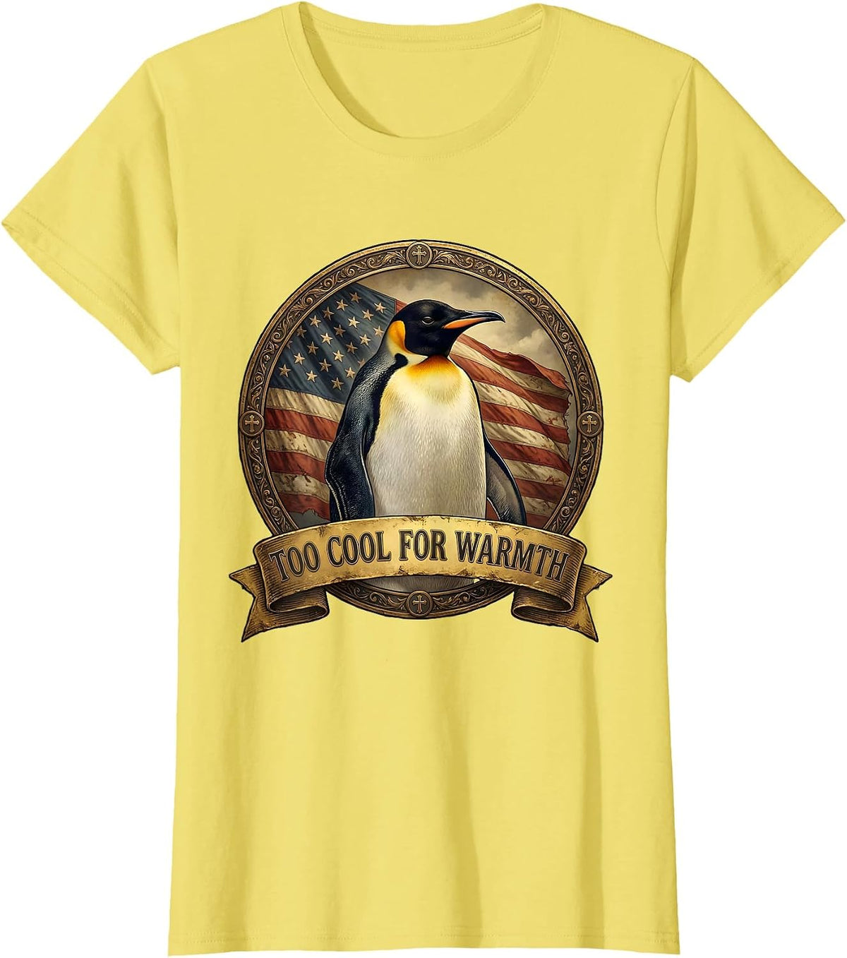 Too Cool For Warmth Funny Penguin Design T-Shirt - Lemon Yellow