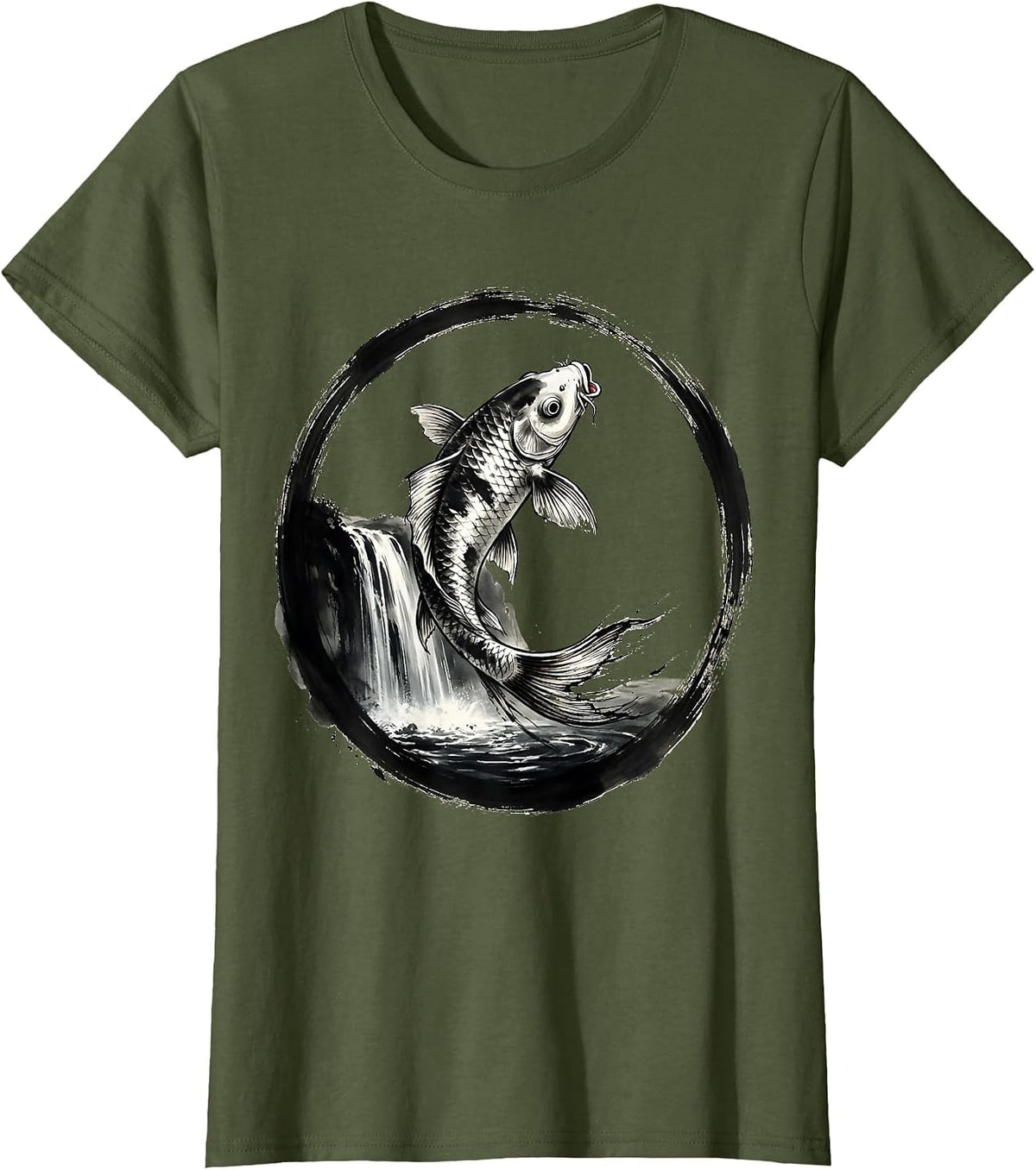 Women's White Koi Fish Leaping Waterfall Freedom Design T-Shirt - Olive Green