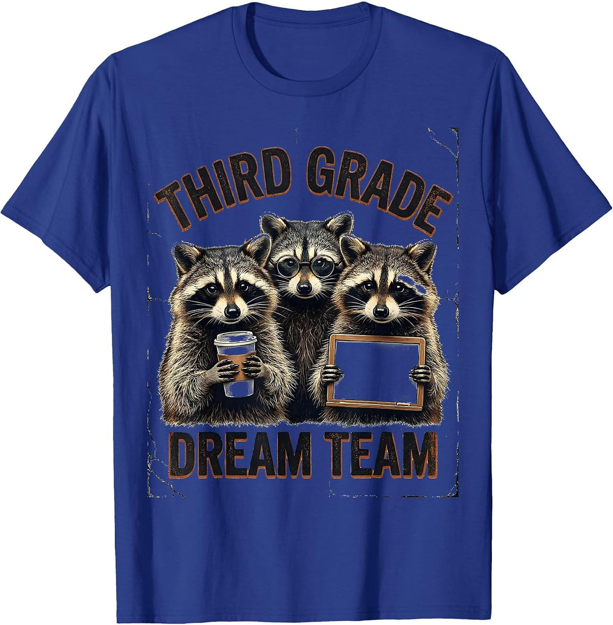 Men's Third Grade Dream Team Distressed Raccoon Teacher Back T-Shirt - Royal Blue