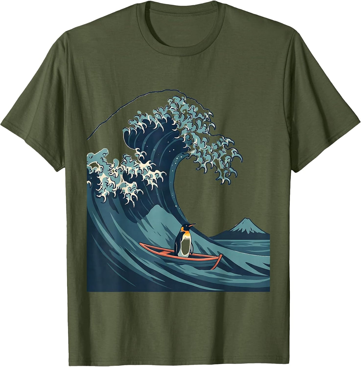 Great Wave Tiny Penguin Flat Vector Animal Meme T-Shirt - Olive Green
