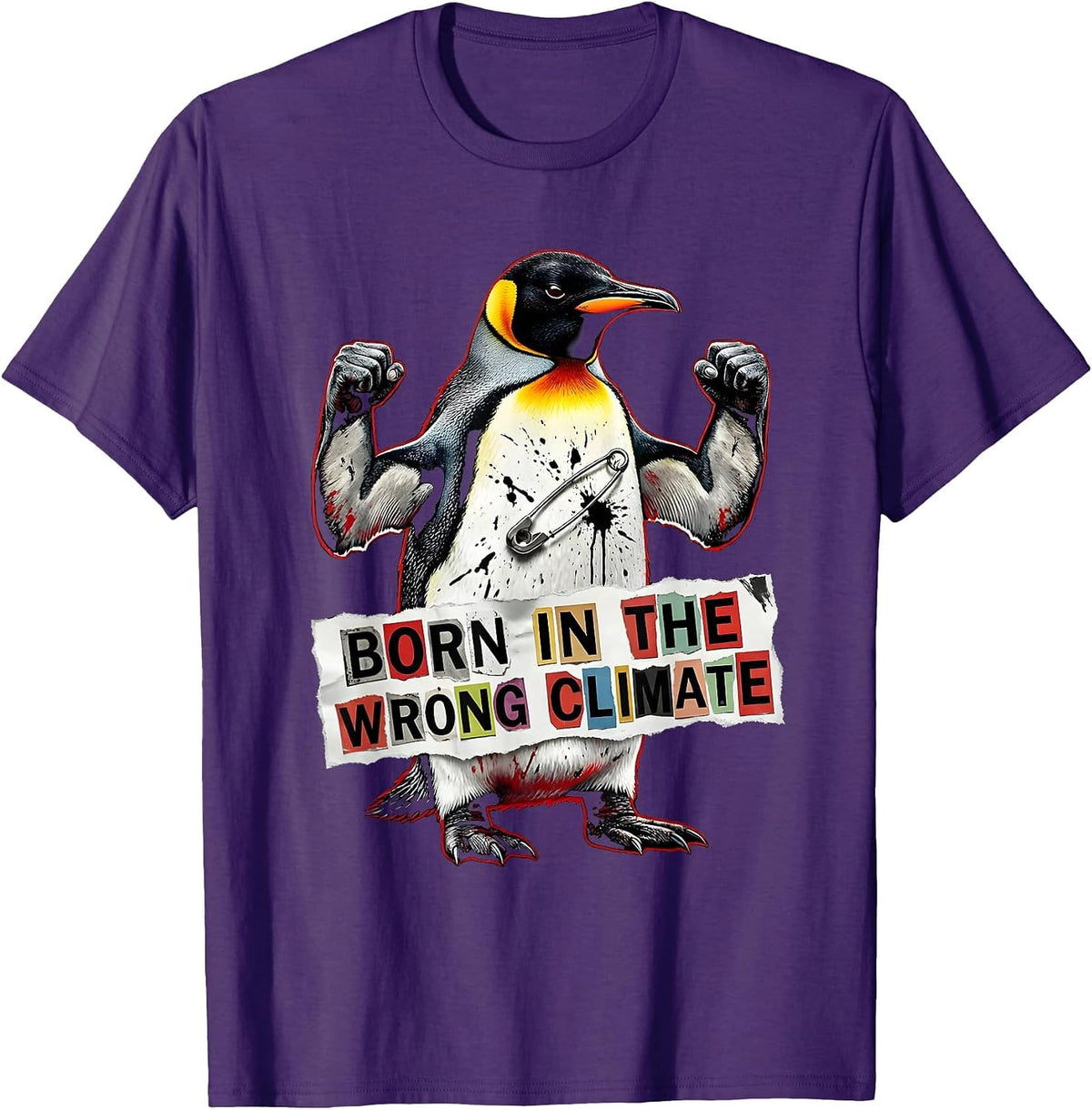 Men's Born in the Wrong Climate Penguin Design T-Shirt - Purple