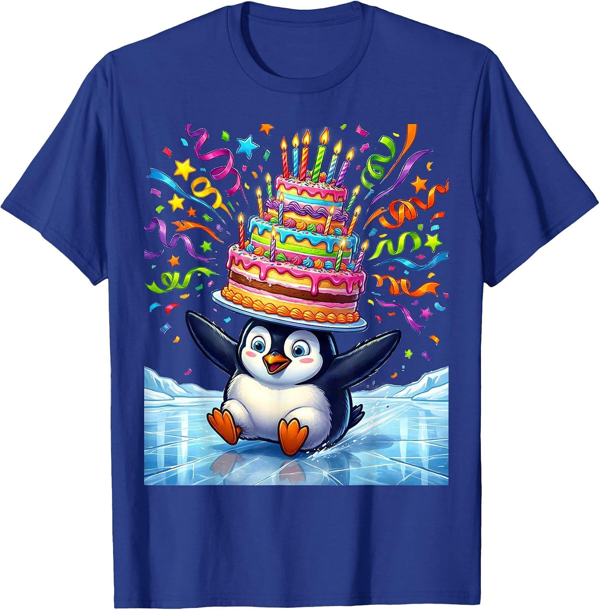 Penguin Ice Sliding Birthday Cake Celebration T-Shirt - Royal Blue