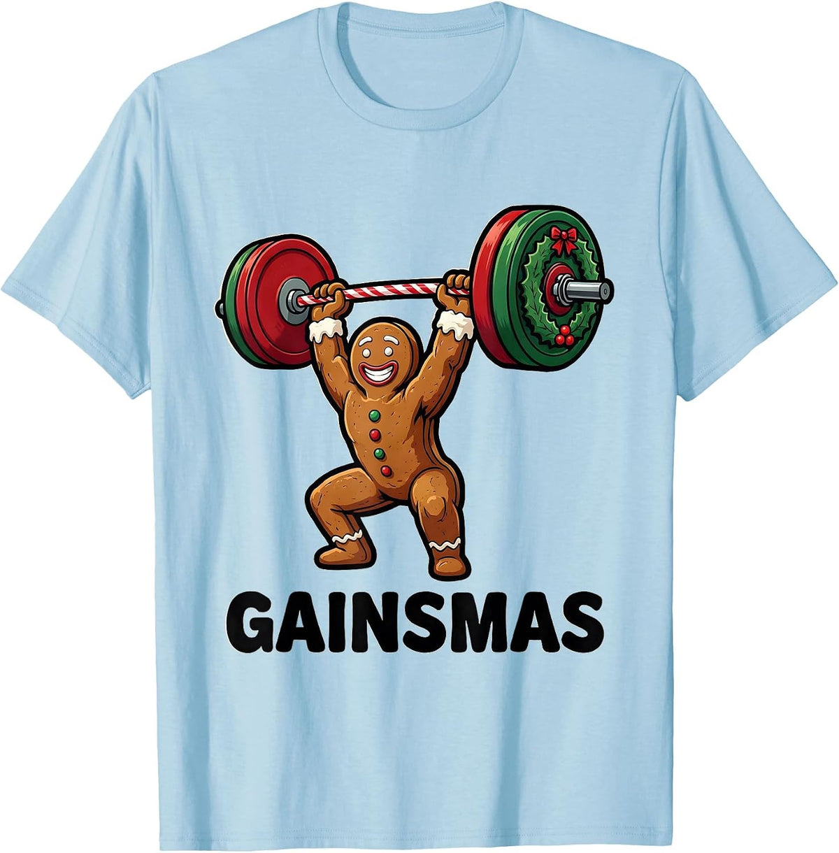 Men's Gainsmas Cartoon Gingerbread Lifter Funny Christmas Gym T-Shirt - Baby Blue