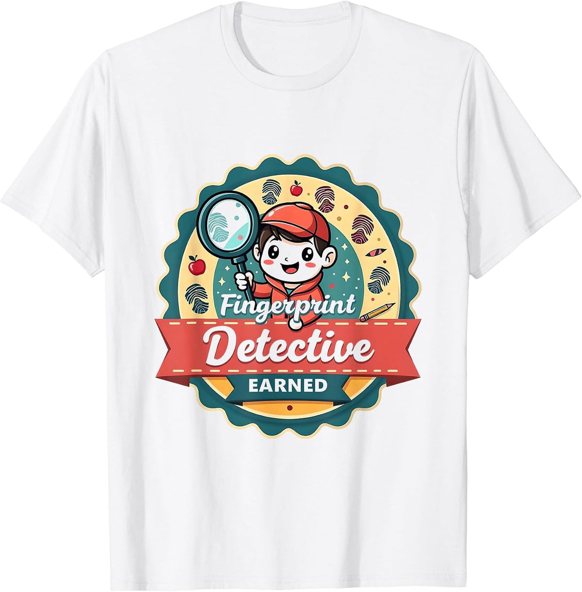 Fingerprint Detective Badge Elementary Teacher T-Shirt - White