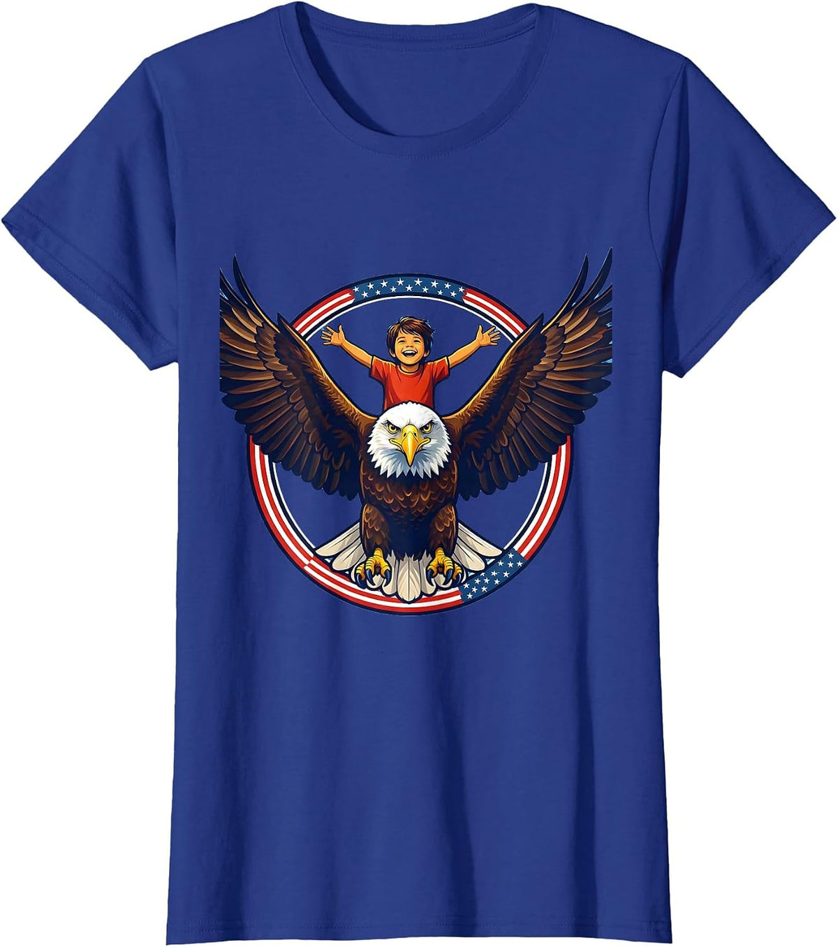 Women's Kids American Flag Bald Eagle Rider Graphic T-Shirt - Royal Blue