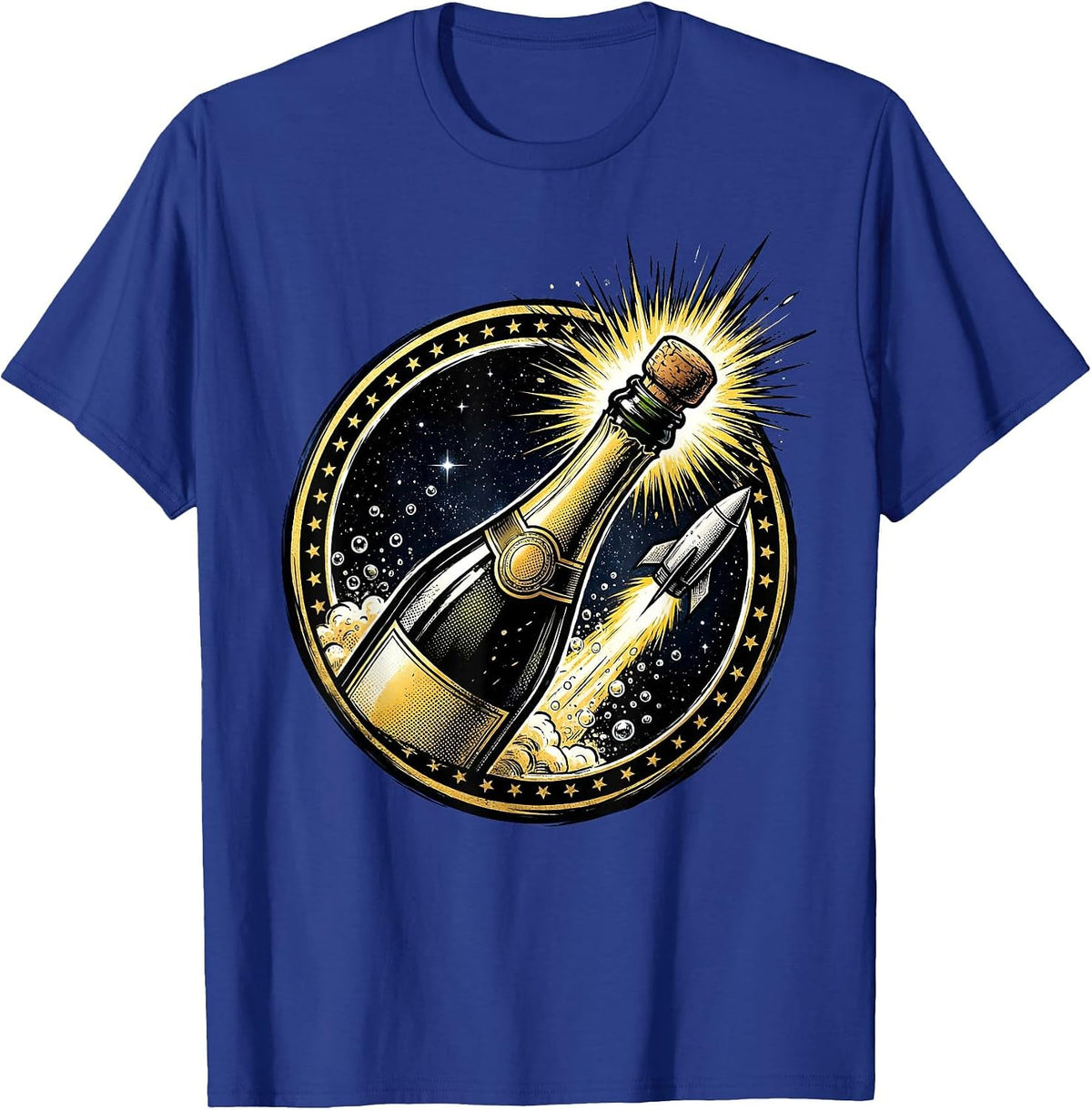 Champagne Cork Blasting Into Outer Space Graphic T-Shirt - Royal Blue