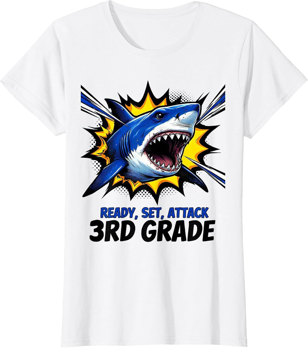 Ready, Set, Attack 3rd Grade Comic Book Shark First Day T-Shirt - White