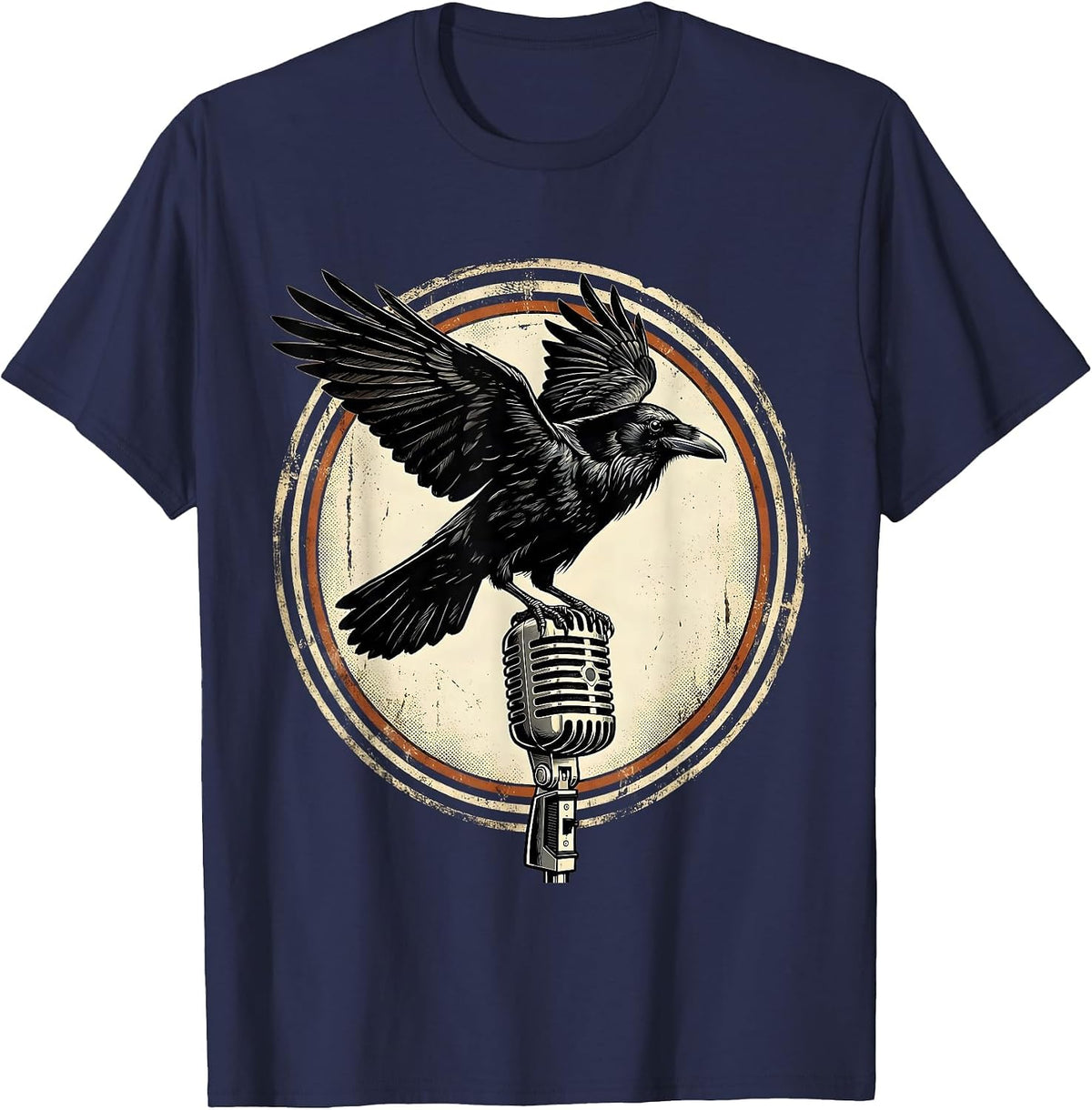 Men's Raven on Vintage Microphone Rock and Roll Graphic T-Shirt - Navy Blue