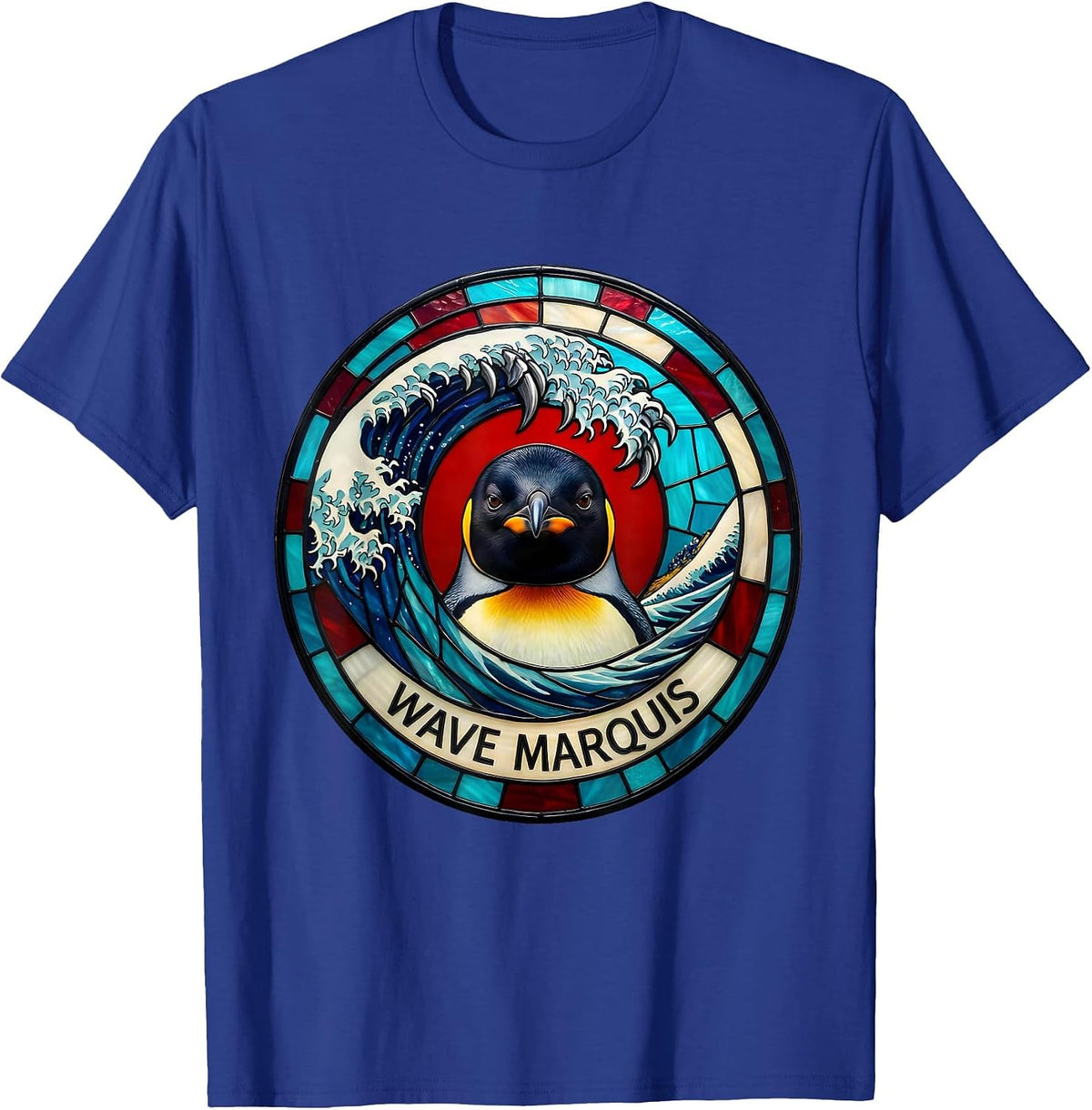 Men's Penguin, Wave Marquis Stained Glass Mosaic Animal Lover T-Shirt - Royal Blue