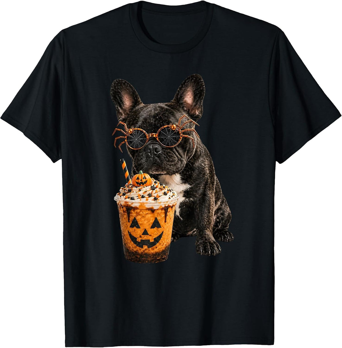 Vintage Halloween French Bulldog Drinking Coffee Dog Lover T-Shirt - Black