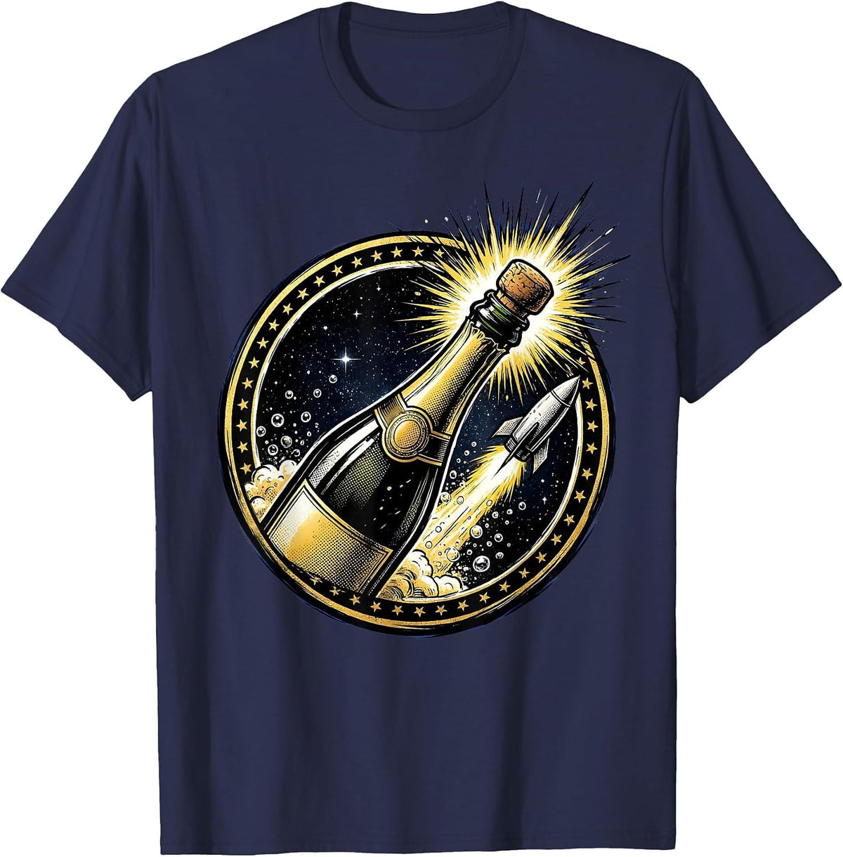 Champagne Cork Blasting Into Outer Space Graphic T-Shirt - Navy Blue