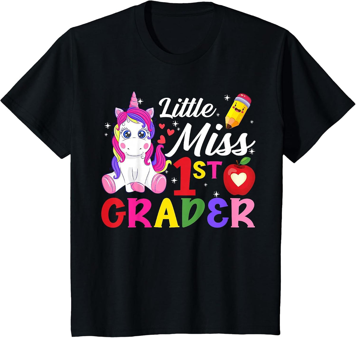 Funny Little Miss First Grader Unicorn First Day of School T-Shirt - Black