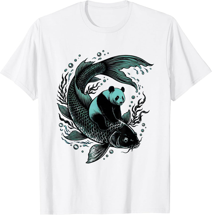 Men's Panda Riding Koi Fish Underwater Art T-Shirt - White