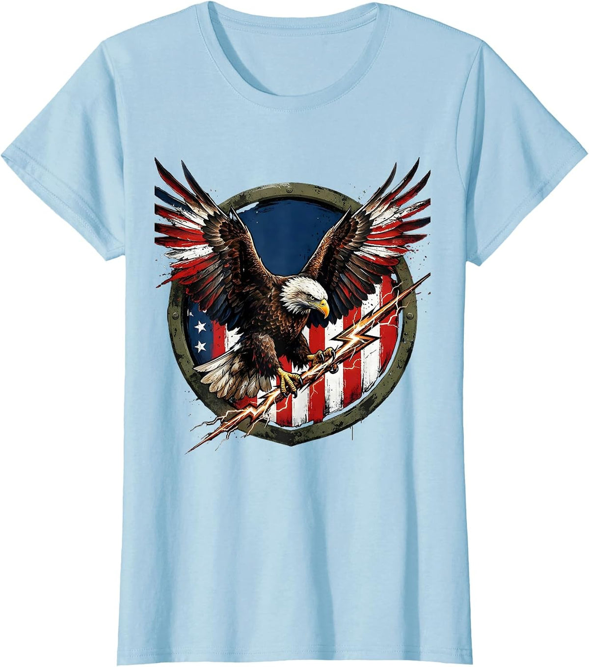 Bald Eagle Lightning Bolt Freedom Graphic Tee T-Shirt - Baby Blue