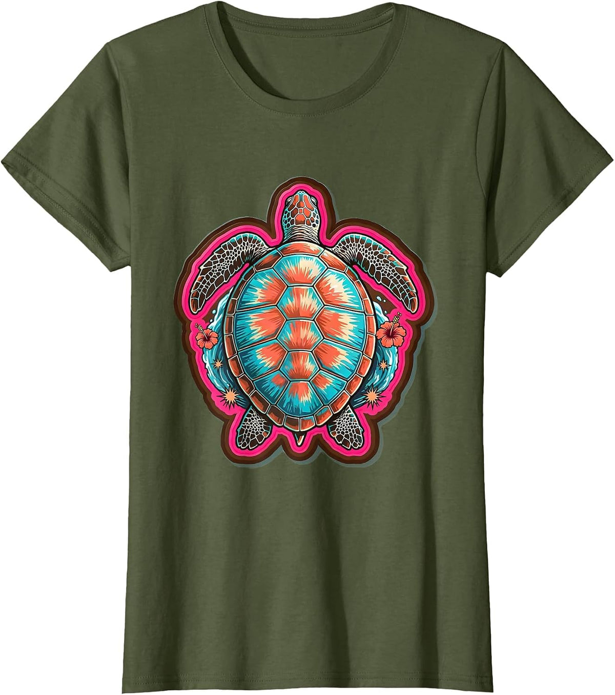 Women's Sea Turtle Sunlit Ocean Surface Surf Design T-Shirt - Olive Green