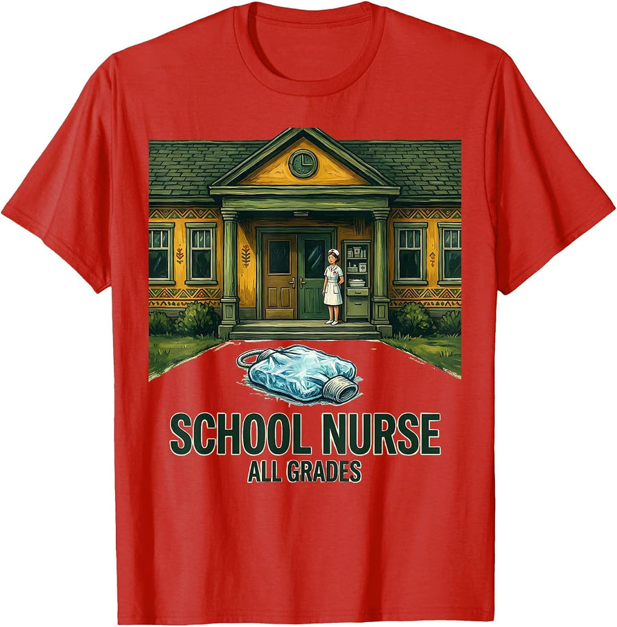 Men's School Nurse All Grades Folk Art Nurse Appreciation Humor T-Shirt - Red