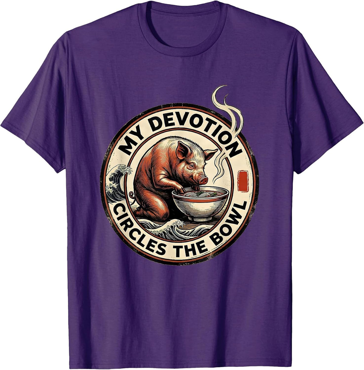 Men's My Devotion Circles The Bowl Vintage Anime Pig Ramen Humor T-Shirt - Purple
