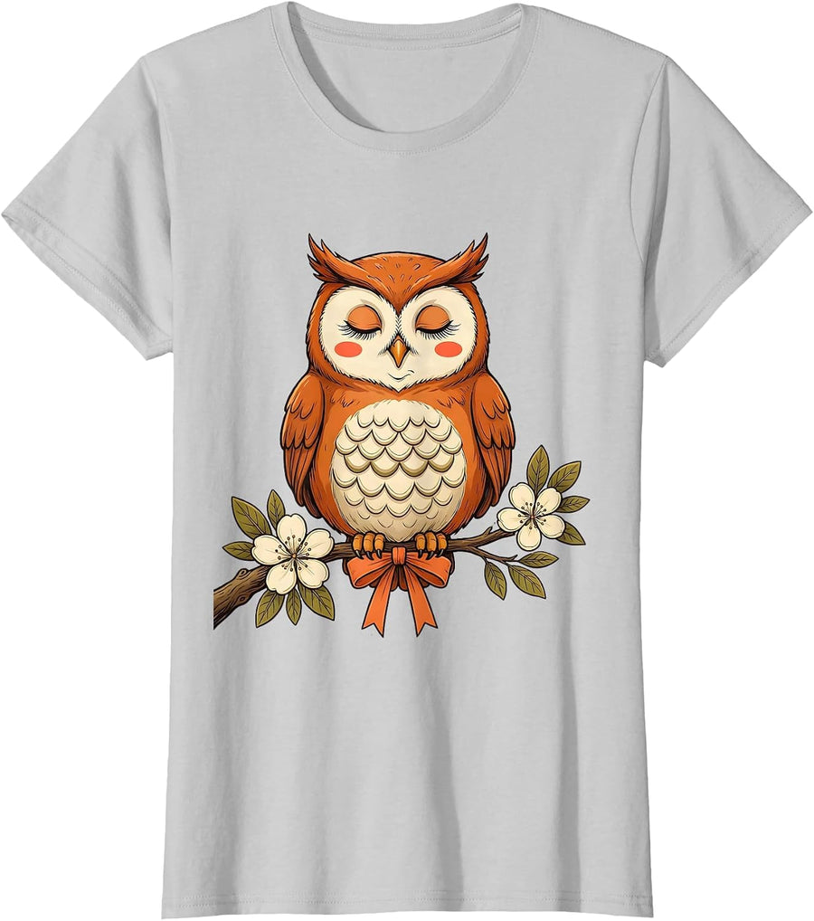 Women's Cute Owl Flowering Branch Retro Owl Lover Halloween T-Shirt - Silver Grey