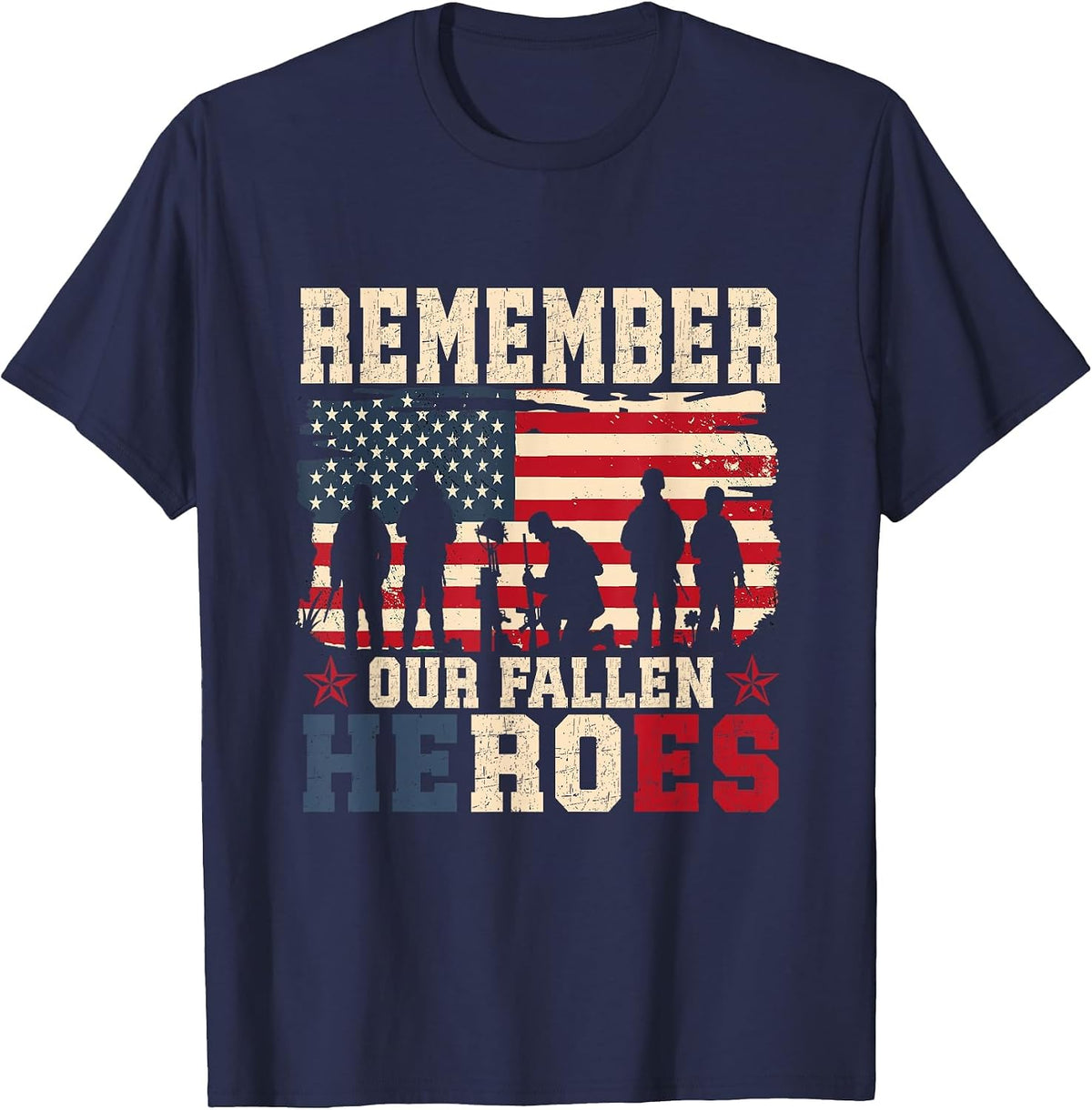Remember Our Fallen Heroes Veteran Military Memorial Day T-Shirt - Navy Blue