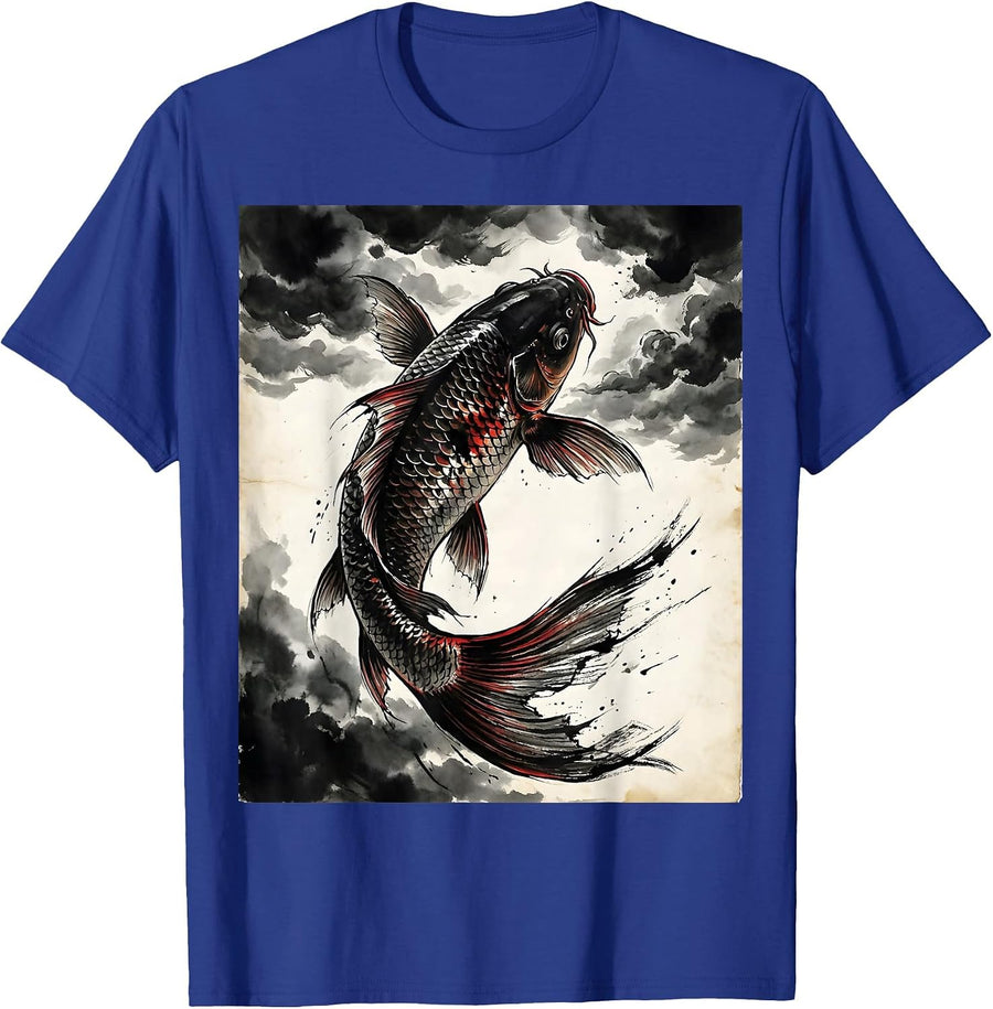 Giant Koi Fish Leaping Through Storm Clouds Anime T-Shirt - Royal Blue