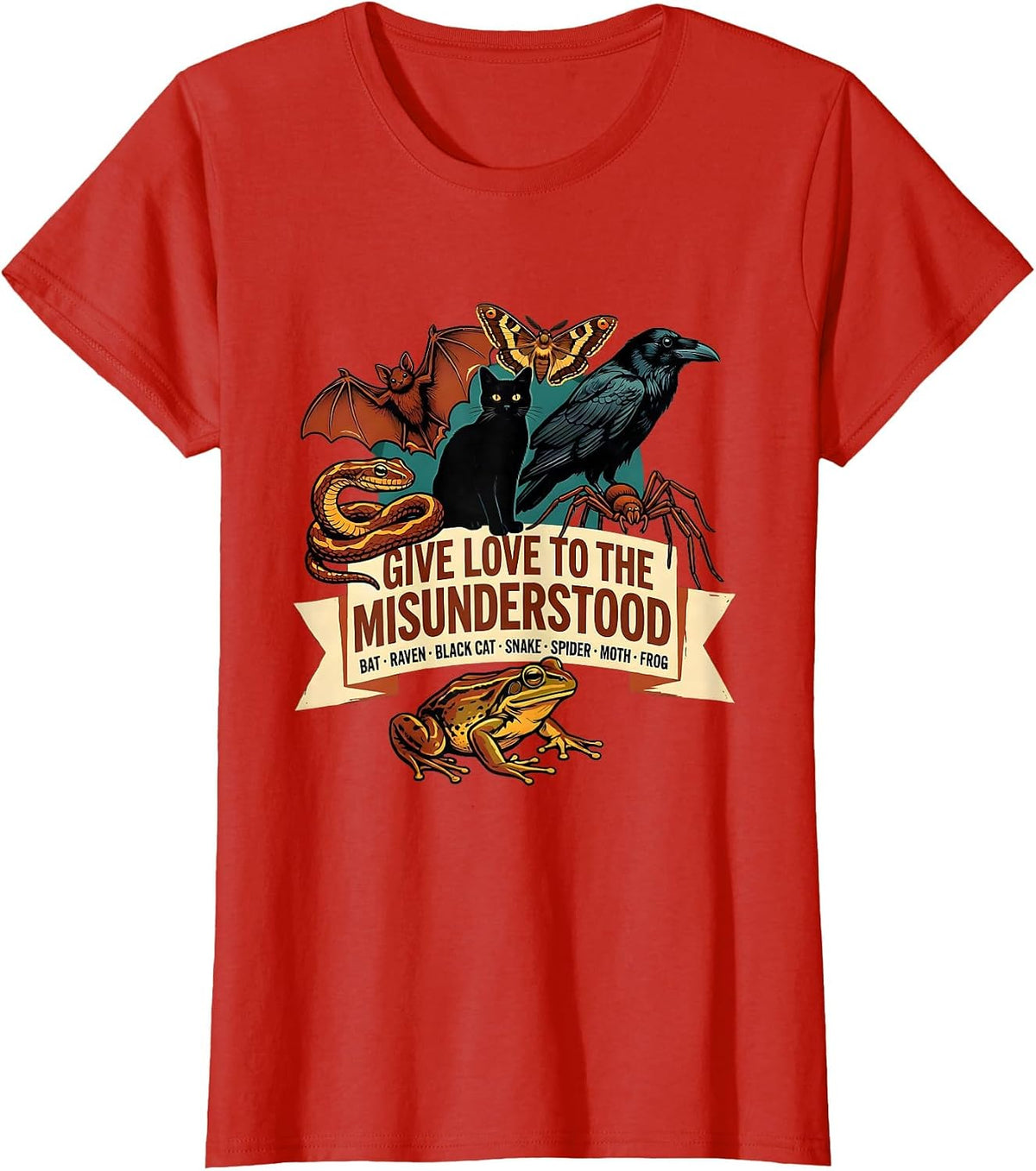 Women's Give Love To The Misunderstood Bat Raven Snake Spider Cat T-Shirt - Red