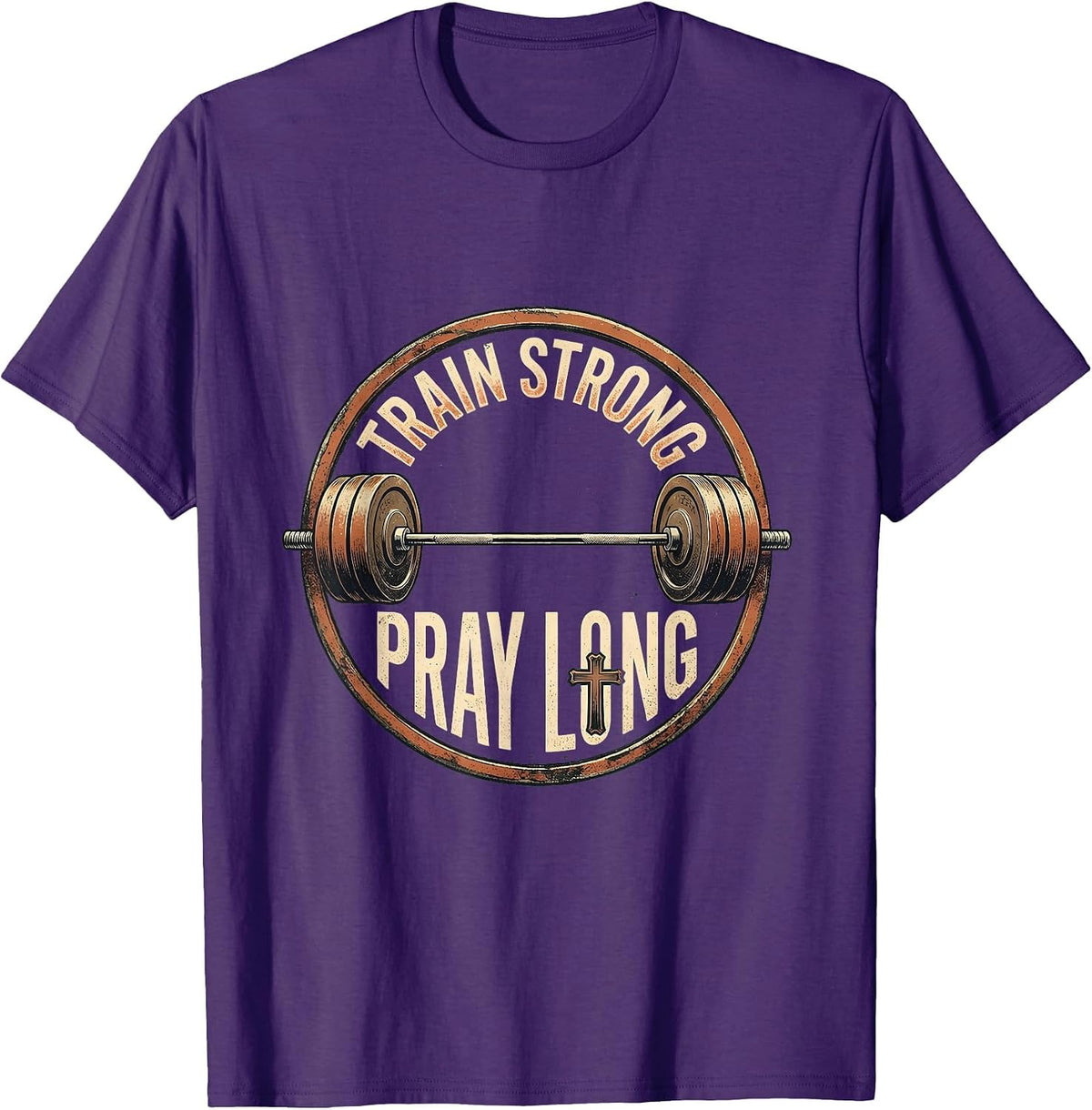 Men's Train Strong Pray Long Vintage Christian Gym Faith T-Shirt - Purple